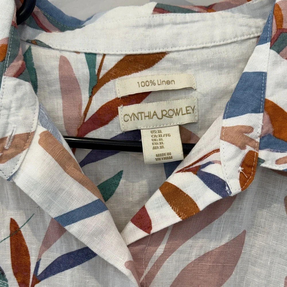 Cynthia Rowley White Linen Printed Button-Up Top with Multicolor Leaf Pattern - Picture 2 of 6